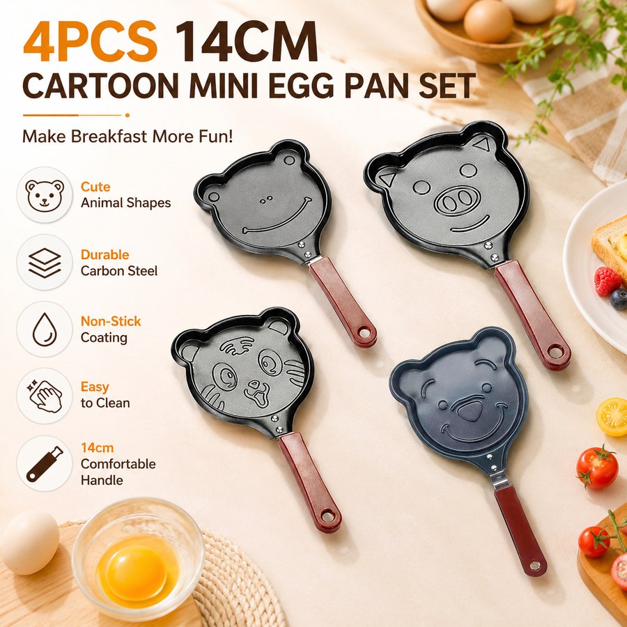 4 Piece Mini Non-Stick Egg Frying Pan Set (Frog / Pig / Bear / Tigger Cartoon Shapes) - 14cm Durable Carbon Steel Cookware with Heat-Resistant Handles for Eggs Pancakes Breakfast