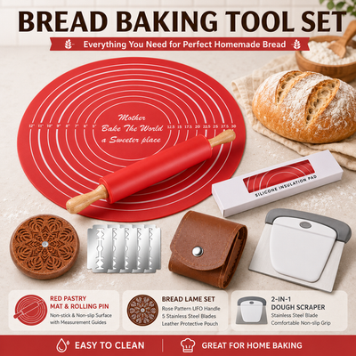 Red Bread Baking Tool Set with Silicone Dough Mat + Rolling Pin, 2-in-1 Stainless Steel Dough Scraper Cutter and UFO Bread Scoring Lame with 5 Blades & Leather Case, Complete Home Baking Accessories Kit for Dough Pre