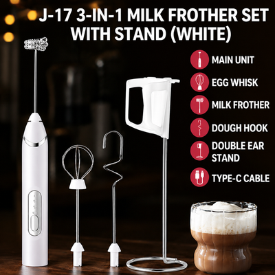 J-17 White Wireless Handheld Electric Milk Frother / Egg Beater / Dough Mixer with 3 Stainless Steel Heads & Stand, 3-Speed Stable and Anti-Splash, Typec Rechargeable