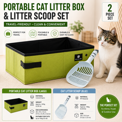 Travel Friendly Pet Toilet Kit - Green Portable Cat Litter Box and Blue Scoop Set - Foldable Oxford Fabric Tray with Waterproof Liner, PP Fine Mesh Scoop for Tofu and Clumping Litter,Suitable for travel and outdoor use