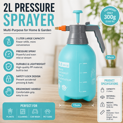 2L Blue Pressure Sprayer - PP Plastic Garden Watering Can with Adjustable Brass Nozzle, Hand Pump for Plants and Home Cleaning
