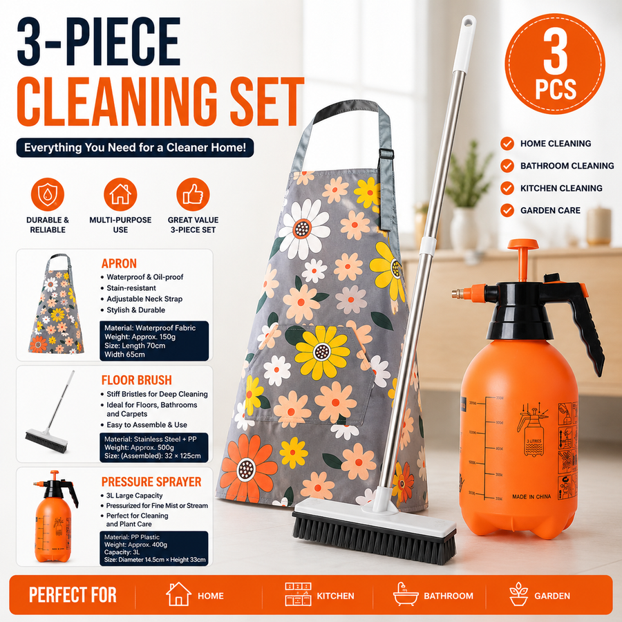 Home Closed Room Dust Cleaning Essentials Bundle - Chrysanthemum pattern Waterproof Apron, White Long Handle Floor Scrubber Brush,Orange 3L Pressure Sprayer - Multi Purpose Household Kit for Kitchen, Bathroom and Garden Care