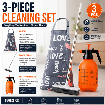 Home Closed Room Dust Cleaning Essentials Bundle - "LOVE" letter pattern Waterproof Apron, White Long Handle Floor Scrubber Brush,Orange 3L Pressure Sprayer - Multi Purpose Household Kit for Kitchen, Bathroom and Garden Care