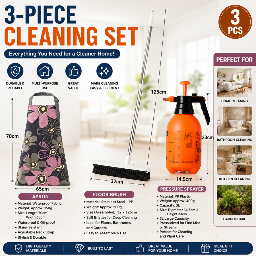 Home Closed Room Dust Cleaning Essentials Bundle - Pink floral pattern Waterproof Apron, White Long Handle Floor Scrubber Brush,Orange 3L Pressure Sprayer - Multi Purpose Household Kit for Kitchen, Bathroom and Garden Care