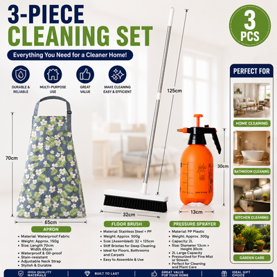 Home Closed Room Dust Cleaning Essentials Bundle - Green grass and small white flower pattern Waterproof Apron, White Long Handle Floor Scrubber Brush,Orange 2L Pressure Sprayer - Multi Purpose Household Kit for Kitchen, Bathroom and Garden Care