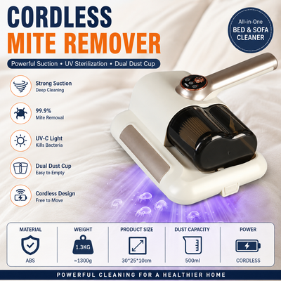 Visualized dust box White Wireless UV Mite Remover Vacuum - 10000Pa Strong Suction, High Frequency Tapping, Washable HEPA Filter, Carpet Mite Remover，Lightweight Handheld Cleaner for Bed Sofa Pet Hair