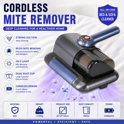 Visualized dust box Black Wireless UV Mite Remover Vacuum - 10000Pa Strong Suction, High Frequency Tapping, Washable HEPA Filter, Carpet Mite Remover，Lightweight Handheld Cleaner for Bed Sofa Pet Hair