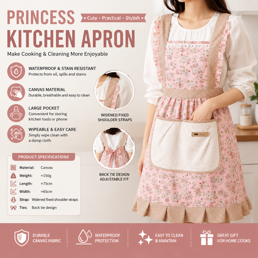 Floral Canvas Pink Kitchen Apron - Waterproof Oil-Resistant with Hand-Wipe Pocket, Adjustable Back Tie and Wide Shoulder Straps for Cooking Baking and Home Cleaning
