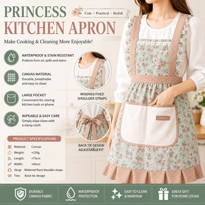 Floral Canvas Green Kitchen Apron - Waterproof Oil-Resistant with Hand-Wipe Pocket, Adjustable Back Tie and Wide Shoulder Straps for Cooking Baking and Home Cleaning