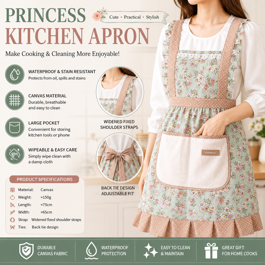 Floral Canvas Green Kitchen Apron - Waterproof Oil-Resistant with Hand-Wipe Pocket, Adjustable Back Tie and Wide Shoulder Straps for Cooking Baking and Home Cleaning
