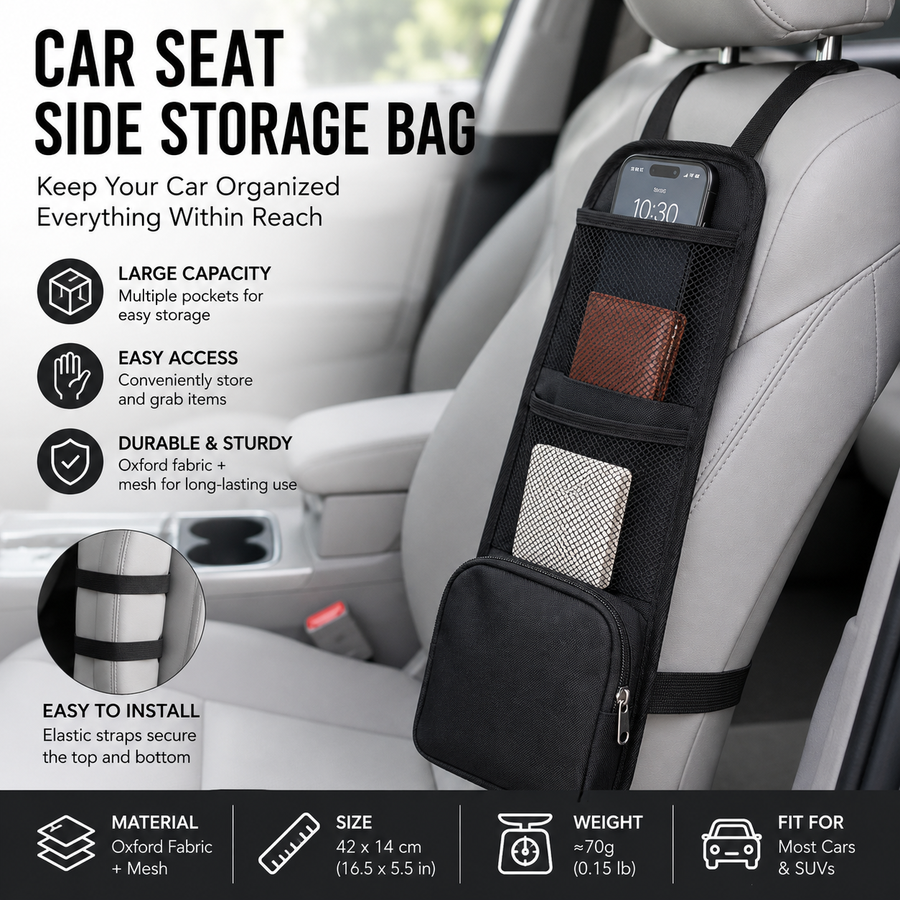Black Universal Car Seat Side Storage Organizer - Oxford Cloth Mesh Hanging Bag with Zipper Pocket for Phone and Essentials, Slim Fit Auto Interior Tidy