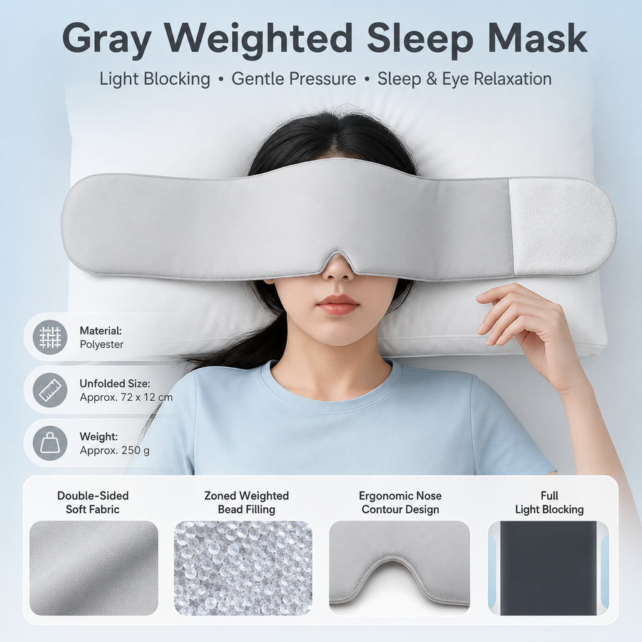 Grey Weighted Sleep Mask - Double-Sided Cooling and Warm Fabric, Micro-Bead Pressure Design, 72cm Adjustable Wrap, Light Blocking Eye Cover for Travel and Home Use