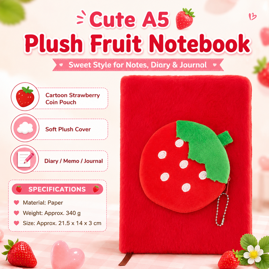 A5 Plush Fruit Notebook  with detachable Strawberrie-shaped coin purse — features a soft plush cover and 80 lined pages; a cute design perfect for school use or journaling