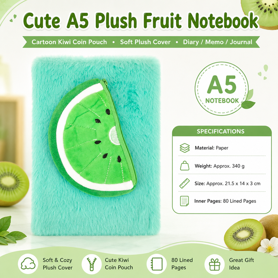 A5 Plush Fruit Notebook  with detachable kiwifruit-shaped coin purse — features a soft plush cover and 80 lined pages; a cute design perfect for school use or journaling