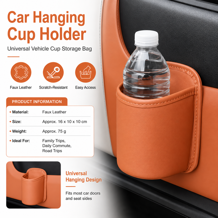 Orange Universal Car Door Cup Holder - PU Leather Hanging Storage Organizer for Seat Back and Console side and Door storage compartment - Multi-Purpose Beverage Pocket with Secure Clip Design for Travel and Commute