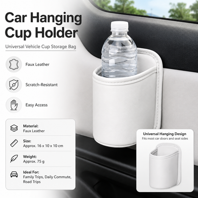 White Universal Car Door Cup Holder - PU Leather Hanging Storage Organizer for Seat Back and Console side and Door storage compartment - Multi-Purpose Beverage Pocket with Secure Clip Design for Travel and Commute