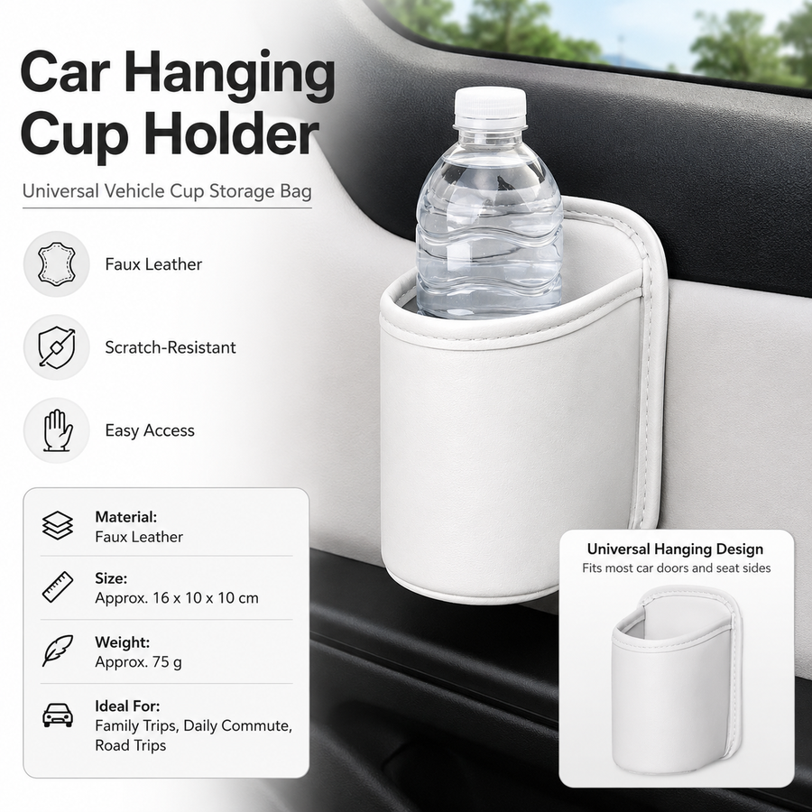 White Universal Car Door Cup Holder - PU Leather Hanging Storage Organizer for Seat Back and Console side and Door storage compartment - Multi-Purpose Beverage Pocket with Secure Clip Design for Travel and Commute
