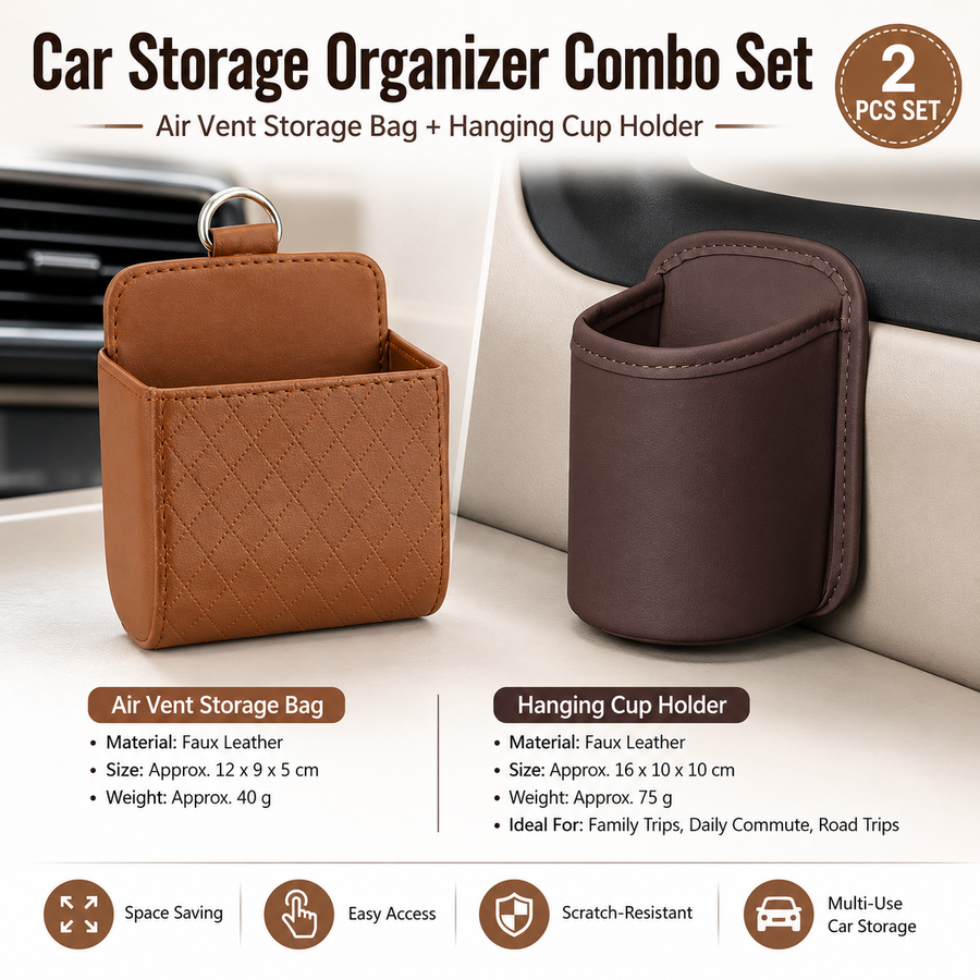 Universal Brown Car Storage Set - PU Leather Air Vent Organizer and Hanging Cup Holder for Doors and Seats - Multi-Purpose Interior Tidy for Commute and Travel