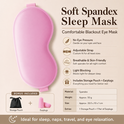 Pink Spandex Sleep Eye Mask - 360 Degree Blackout, Zero Pressure Fit, Adjustable Strap, Includes Storage Bag and Earplugs for Travel and Napping