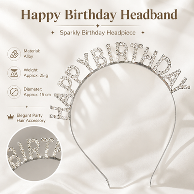 Silver Happy Birthday Rhinestone Headband - Alloy Party Hair Accessory with Sparkling Letters, Lightweight Design for Celebrations and Photo Props