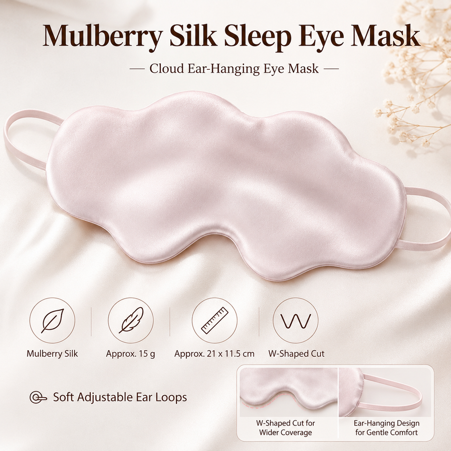Pink Mulberry Silk Sleep Eye Mask - Cloud Shaped Blackout Blindfold with Adjustable Strap, Lightweight Travel and Nap Essential for Sensitive Skin