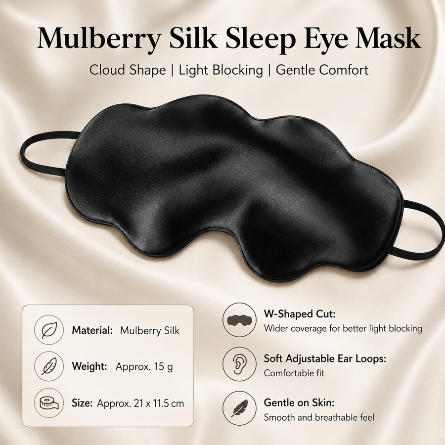 Black Mulberry Silk Sleep Eye Mask - Cloud Shaped Blackout Blindfold with Adjustable Strap, Lightweight Travel and Nap Essential for Sensitive Skin