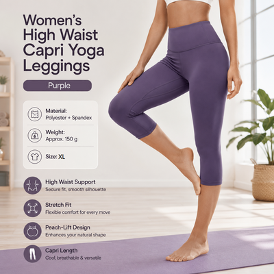 Purple XL Size Women's High Waist 3/4 Yoga Leggings - Peach Hip Lift Design, Breathable Stretch Fabric for Gym Running and Daily Wear