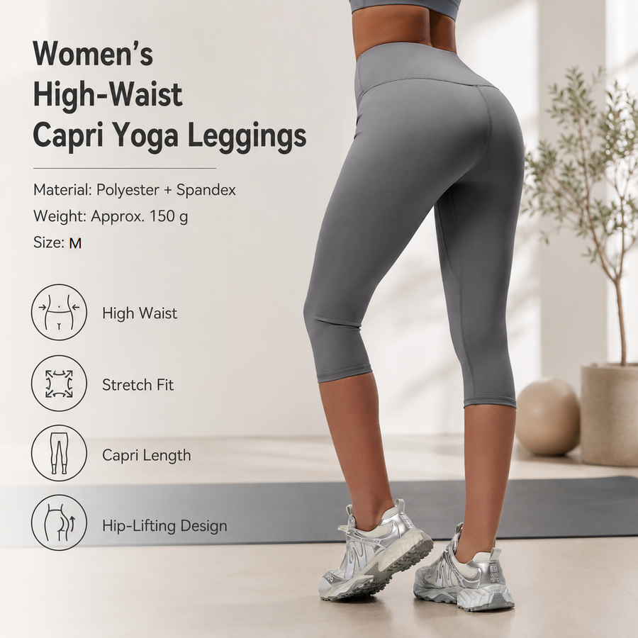 Grey M Size Women's High Waist 3/4 Yoga Leggings - Peach Hip Lift Design, Breathable Stretch Fabric for Gym Running and Daily Wear