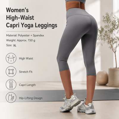 Grey XL Size Women's High Waist 3/4 Yoga Leggings - Peach Hip Lift Design, Breathable Stretch Fabric for Gym Running and Daily Wear