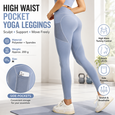 Blue M Size Women's High Waist Yoga Leggings with Mesh Side Pockets - Squat Proof, Peach Hip Lift, Breathable Stretch Fabric for Gym Running 、Pilates Wea and Daily Wear