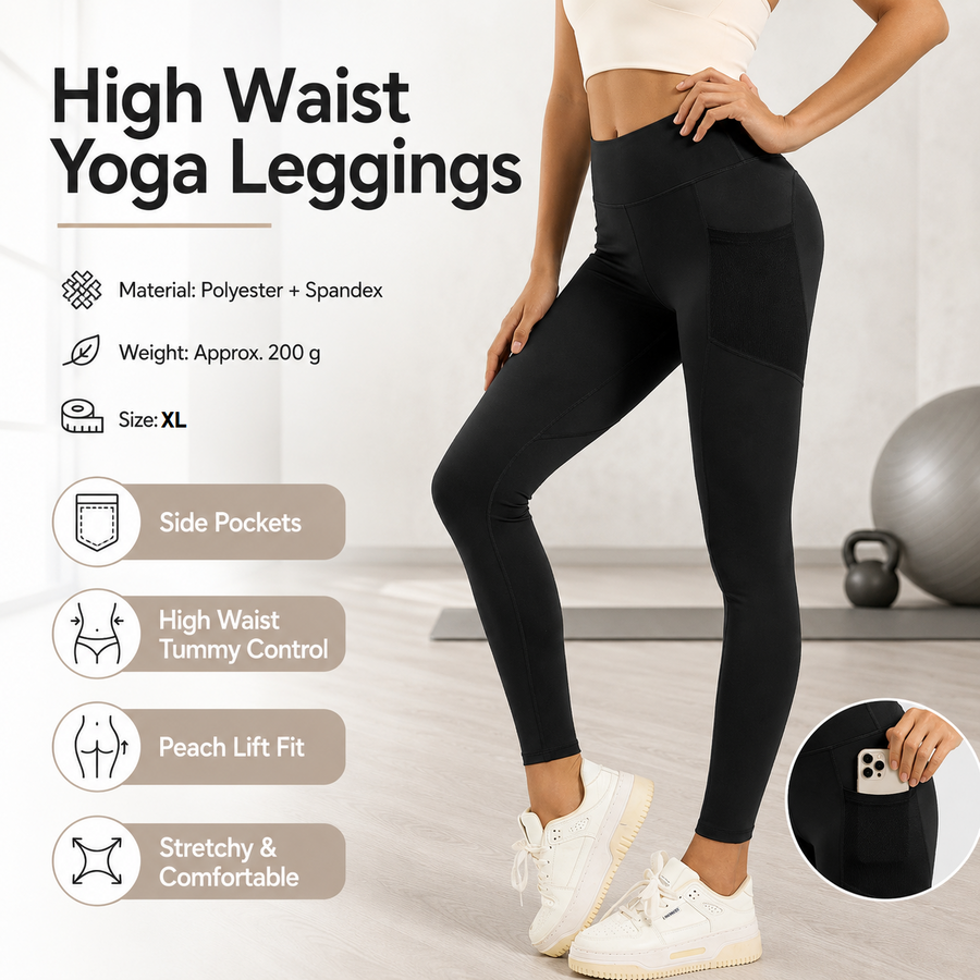 Black XL Size Women's High Waist Yoga Leggings with Mesh Side Pockets - Squat Proof, Peach Hip Lift, Breathable Stretch Fabric for Gym Running 、Pilates Wea and Daily Wear