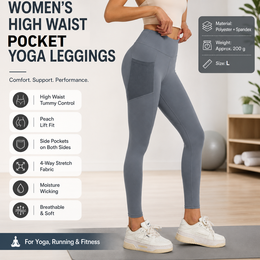 Grey L Size Women's High Waist Yoga Leggings with Mesh Side Pockets - Squat Proof, Peach Hip Lift, Breathable Stretch Fabric for Gym Running 、Pilates Wea and Daily Wear