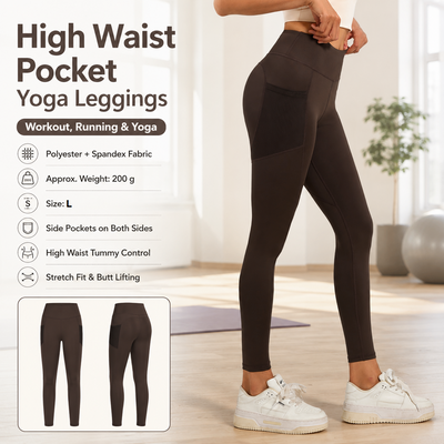 Coffee-colored L Size Women's High Waist Yoga Leggings with Mesh Side Pockets - Squat Proof, Peach Hip Lift, Breathable Stretch Fabric for Gym Running 、Pilates Wea and Daily Wear