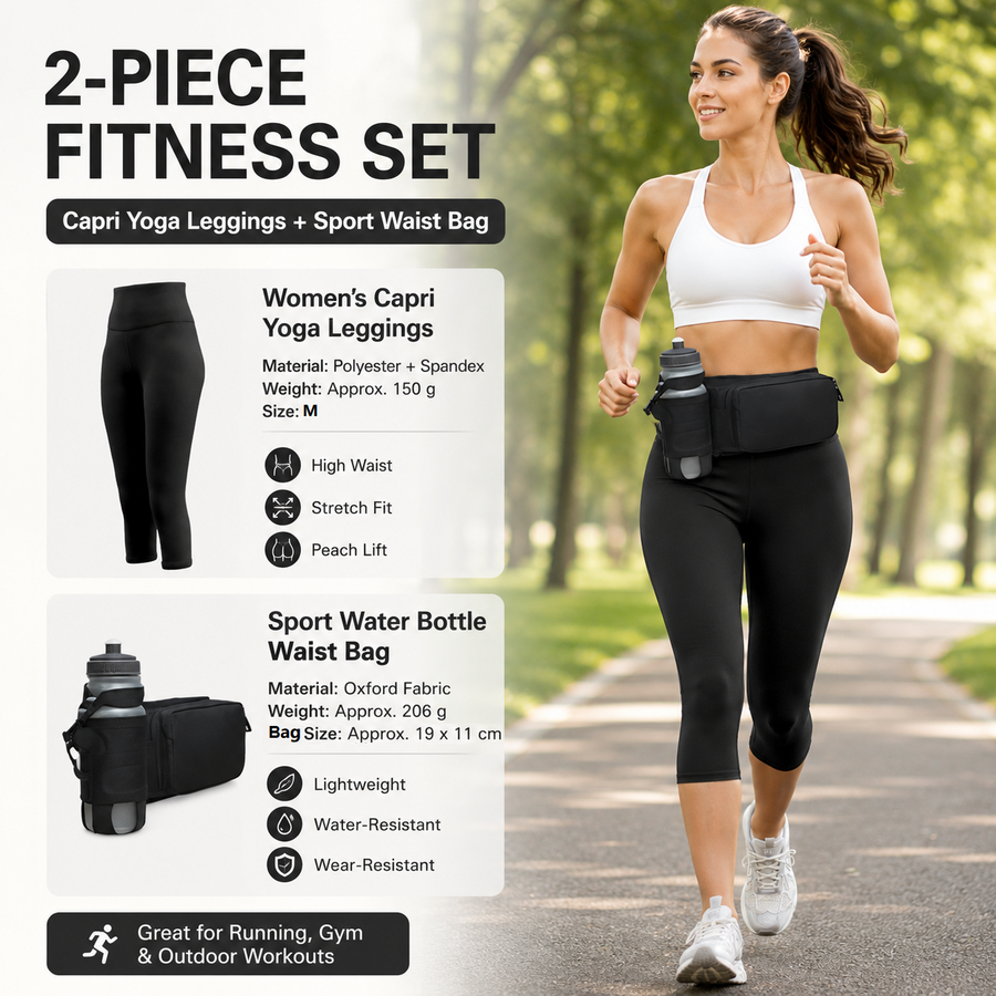 Winter Fitness Bundle - Black M size Women's High Waist 3/4 Yoga Leggings with Peach Hip Lift and Black Waterproof Sports Waist Bag with Bottle Holder for Running Gym and Outdoor Activities