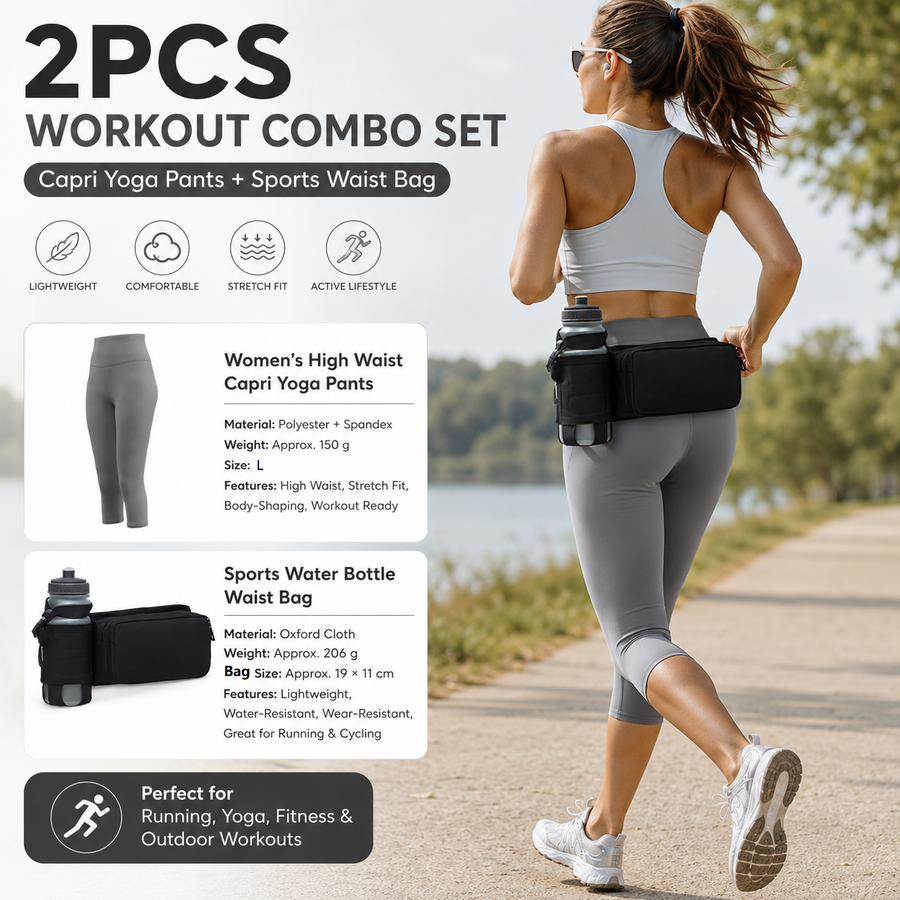Winter Fitness Bundle - Grey L size Women's High Waist 3/4 Yoga Leggings with Peach Hip Lift and Black Waterproof Sports Waist Bag with Bottle Holder for Running Gym and Outdoor Activities