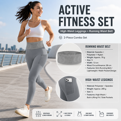Comfortable Outdoor Sports Set-Grey S Size Running Waist Belt and Grey S Size High-Waisted Yoga Leggings  - Breathable Spandex Blend, Side Pockets for Phone and Keys, Lightweight Fitness Gear for Running and Gym
