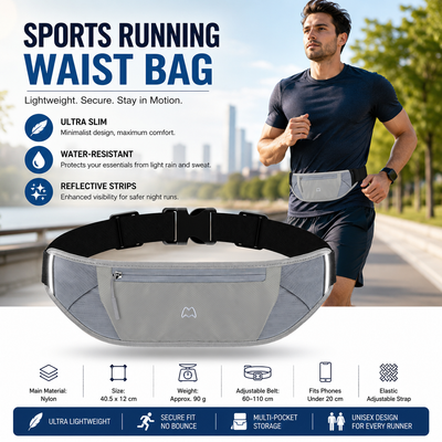 Grey Running Waist Pack—Made of waterproof nylon with an adjustable strap (fits waist sizes 60–110 cm); features a three-pocket design to store a phone and keys, includes reflective strips for safety during night runs, and is suitable for running, mountai