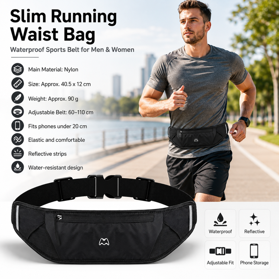 Black Running Waist Pack—Made of waterproof nylon with an adjustable strap (fits waist sizes 60–110 cm); features a three-pocket design to store a phone and keys, includes reflective strips for safety during night runs, and is suitable for running, mounta