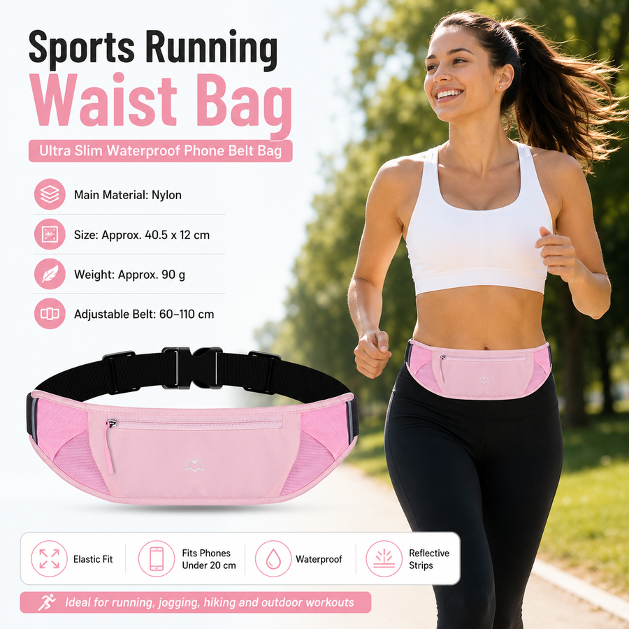 Pink Running Waist Pack—Made of waterproof nylon with an adjustable strap (fits waist sizes 60–110 cm); features a three-pocket design to store a phone and keys, includes reflective strips for safety during night runs, and is suitable for running, mountai