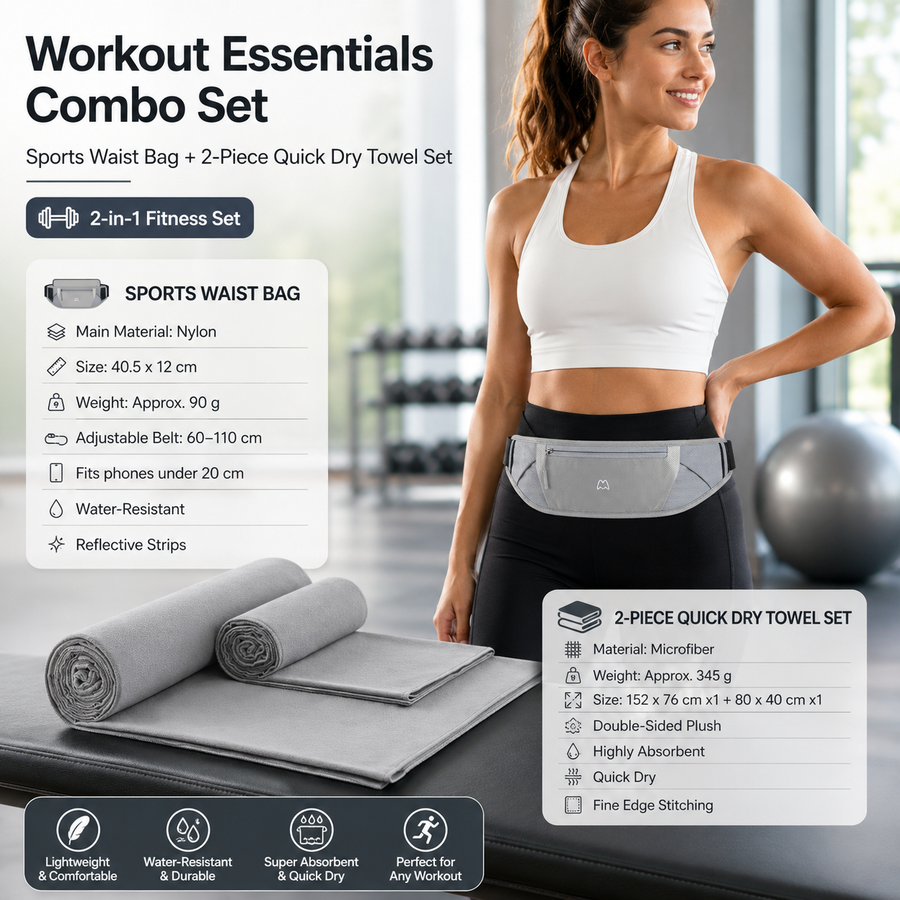 Dry and Breathable Sports combination-Grey Running Waist Belt and Grey  152*76cm and 80*40cm Microfiber Sports Towel Set - Waterproof Nylon Belt with Reflective Strips, Quick Dry Gym Towels for Fitness Running Swimming