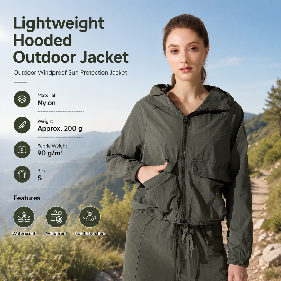 Green S Size Women's Lightweight Hooded Windbreaker Jacket - Nylon, Waterproof, Windproof, Sun Protection, Loose Fit for Hiking, Running, Yoga and Outdoor Activities