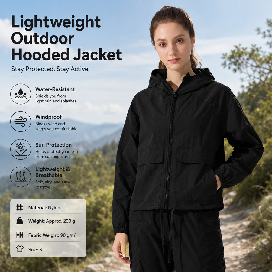 Black S Size Women's Lightweight Hooded Windbreaker Jacket - Nylon, Waterproof, Windproof, Sun Protection, Loose Fit for Hiking, Running, Yoga and Outdoor Activities