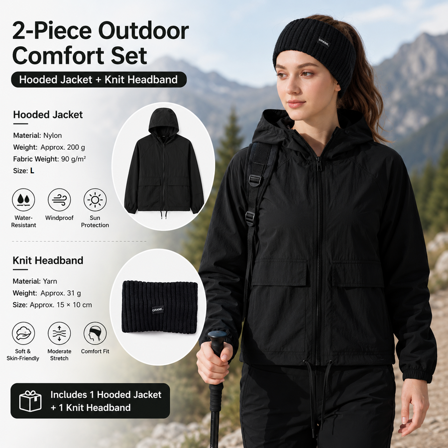 Women's Lightweight Outdoor Windproof and warm set - Black L Size Waterproof Windproof  Sun Protection Hooded Raincoat and Black Knitted Warm Headband Set for Hiking Travel Daily Wear