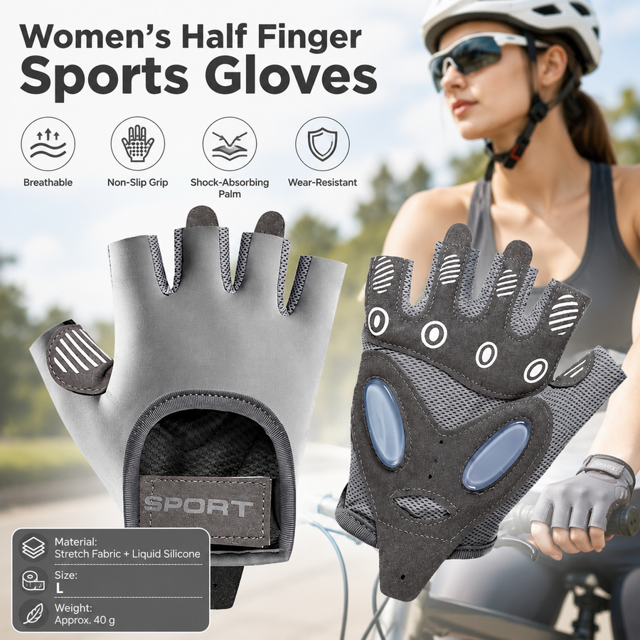 Grey L size Women's Half-Finger Fitness Gloves - Liquid Silicone Shock Absorption, Ice Silk Breathable Fabric, Non-Slip Grip for Gym Yoga Cycling Weight Training