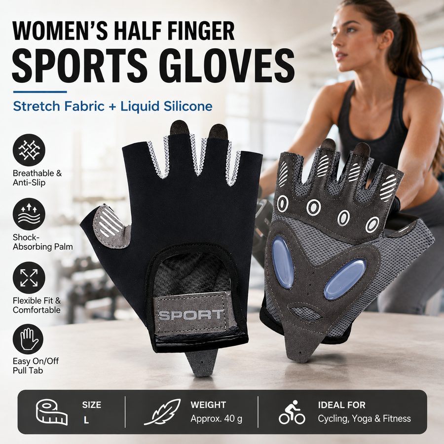 Black L size Women's Half-Finger Fitness Gloves - Liquid Silicone Shock Absorption, Ice Silk Breathable Fabric, Non-Slip Grip for Gym Yoga Cycling Weight Training