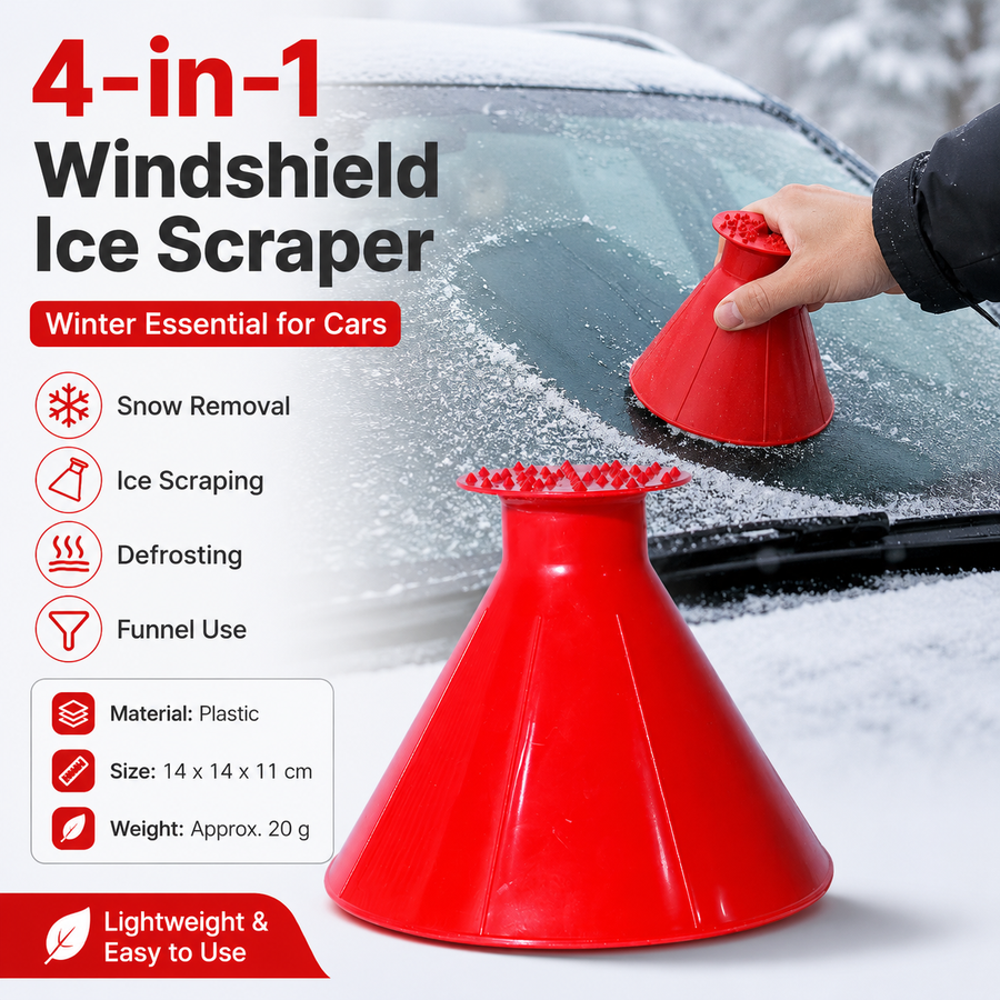 Red Multi-Function Car Windshield Ice Scraper - 4-in-1 Plastic Snow Removal Tool with Funnel Design, Lightweight Portable De-Icer for Winter Driving Safety