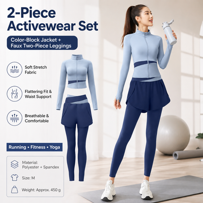 M size Women's 2-Piece Running Yoga Set - Blue Colorblock Zip Jacket and Blue Faux Two-Layer Leggings, Slim Fit High Stretch Gym Activewear for Fitness and Training