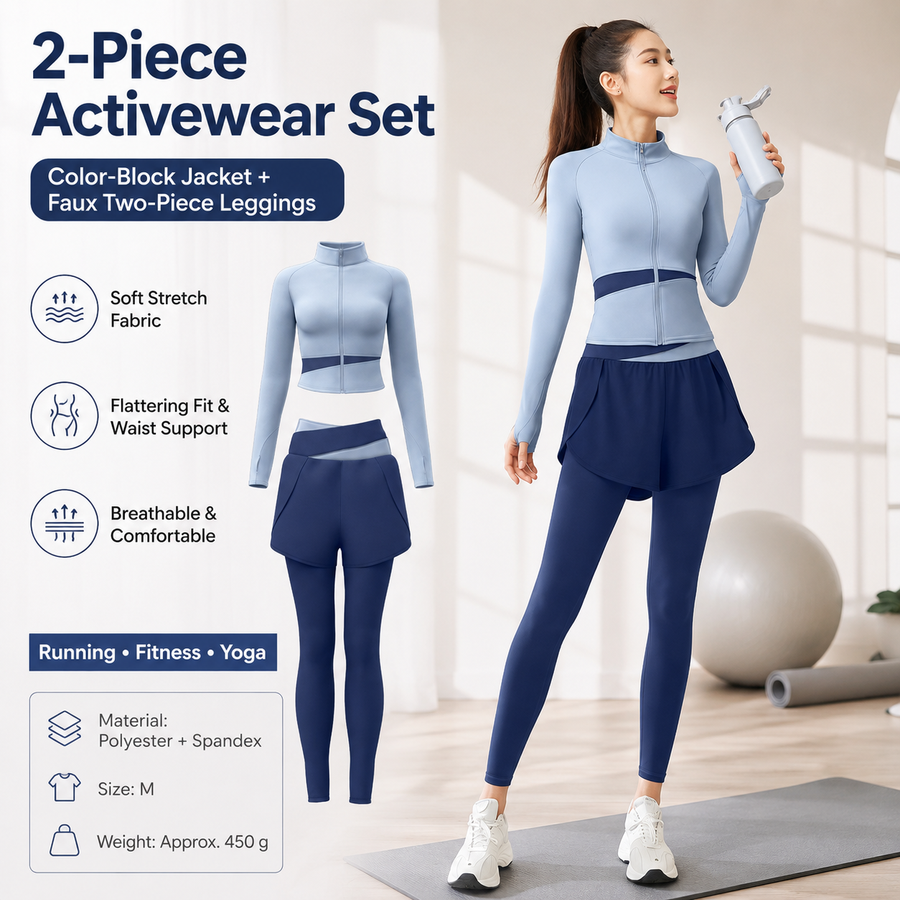 M size Women's 2-Piece Running Yoga Set - Blue Colorblock Zip Jacket and Blue Faux Two-Layer Leggings, Slim Fit High Stretch Gym Activewear for Fitness and Training