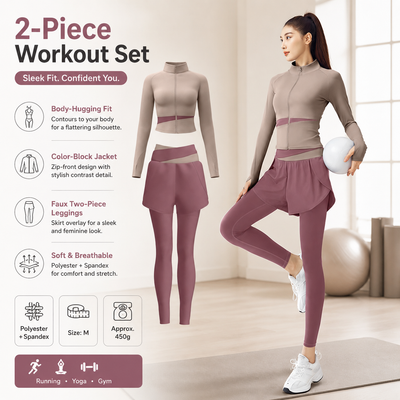 M size Women's 2-Piece Running Yoga Set - Purple Colorblock Zip Jacket and Purple Faux Two-Layer Leggings, Slim Fit High Stretch Gym Activewear for Fitness and Training
