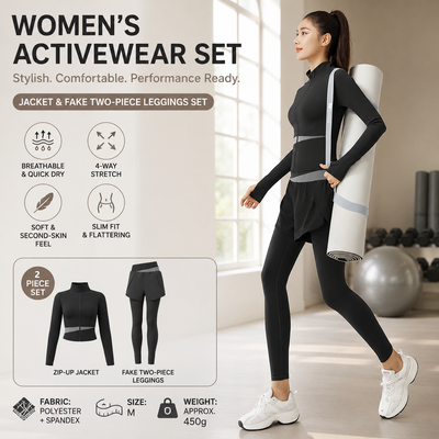 M size Women's 2-Piece Running Yoga Set - Black Colorblock Zip Jacket and Black Faux Two-Layer Leggings, Slim Fit High Stretch Gym Activewear for Fitness and Training